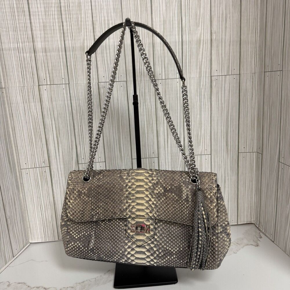 Zarmoi Womens Gray Animal Print Shoulder Bag Chain Strap Tassel Turn Lock